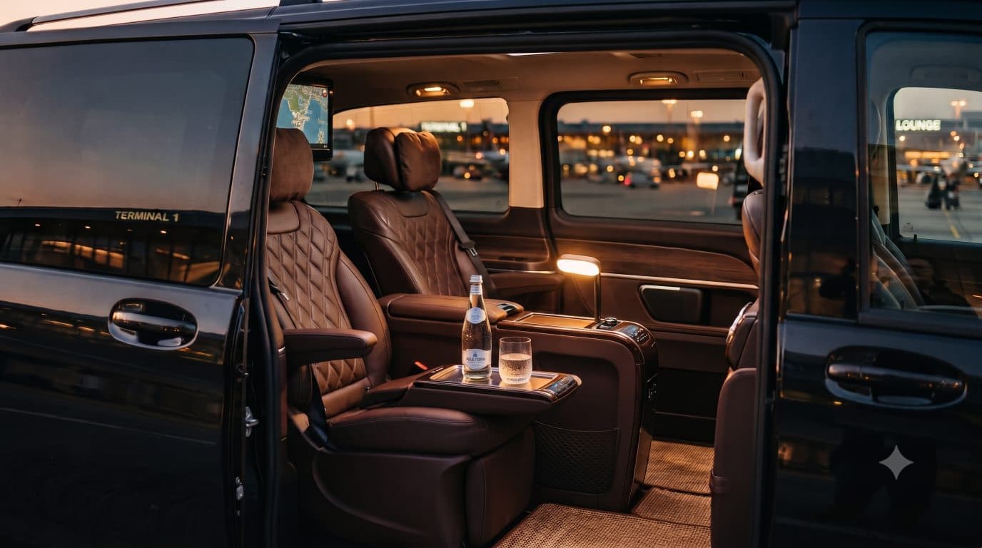 Inside the minivan, leather seats and a table set for the journey