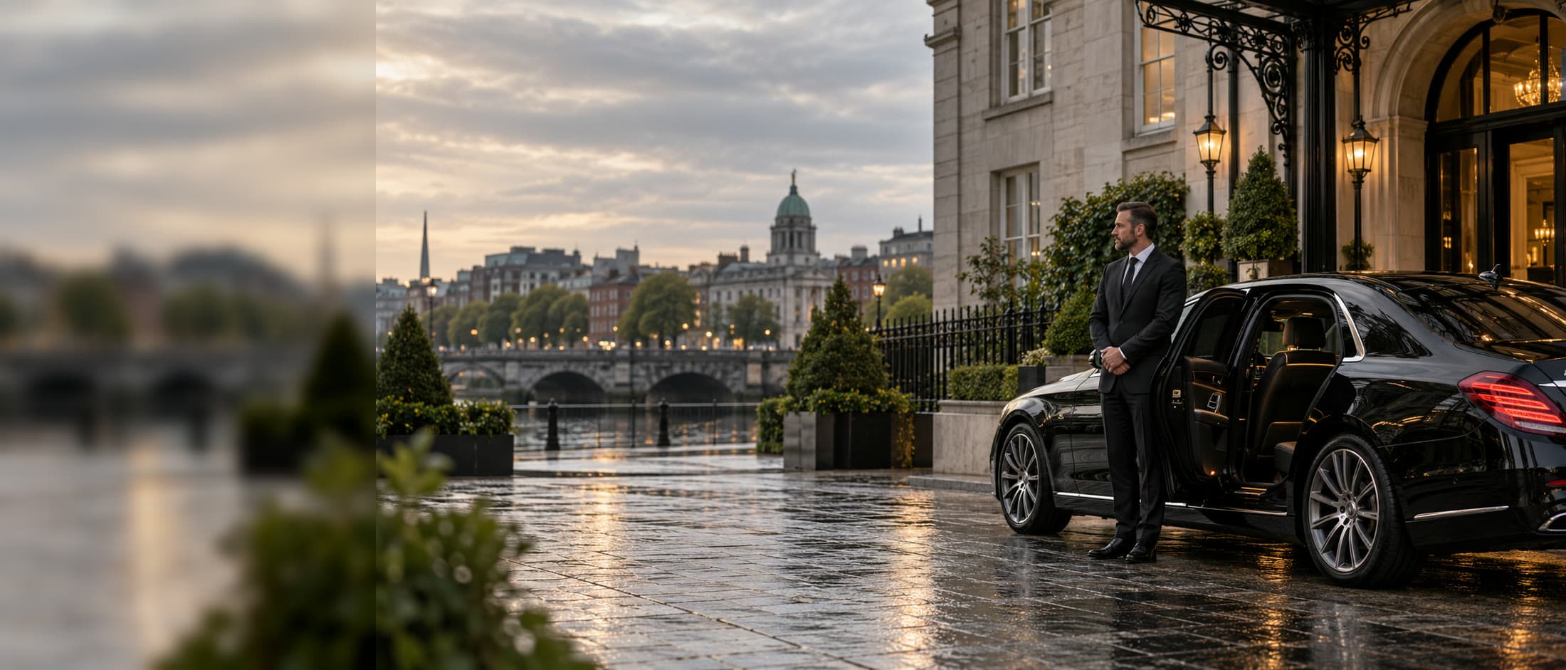 A chauffeur waiting by a black car outside a hotel on the River Liffey in Dublin