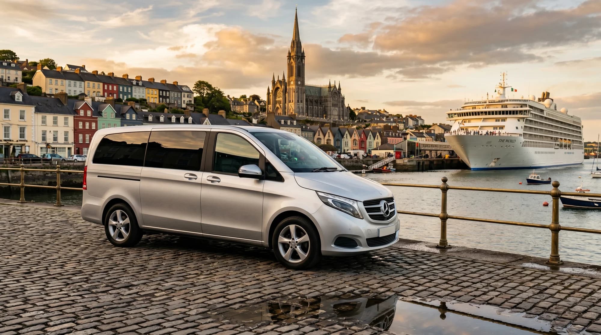 An executive MPV on the quay at Cobh, with a cruise ship and the cathedral behind