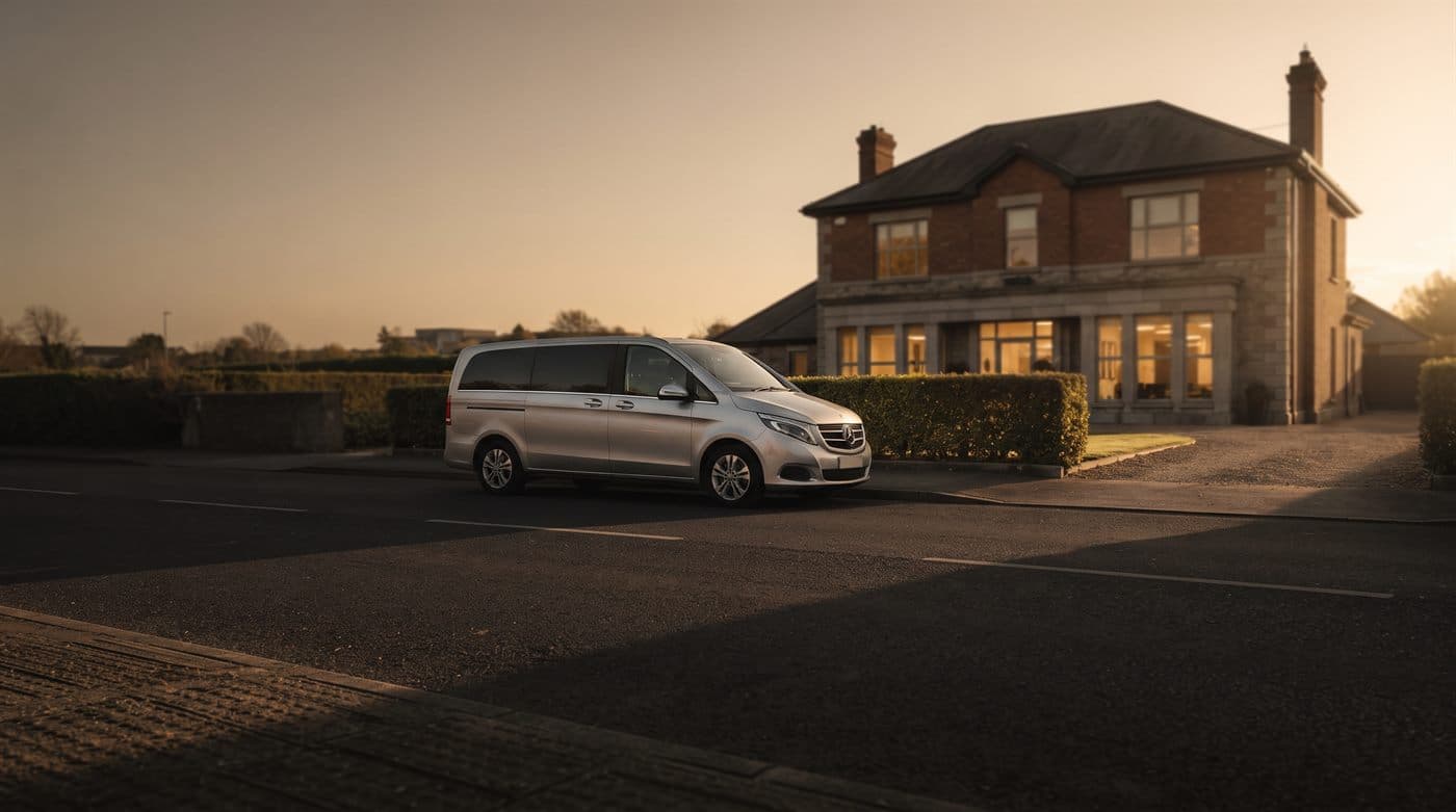 A chauffeur on the phone beside a car at dusk