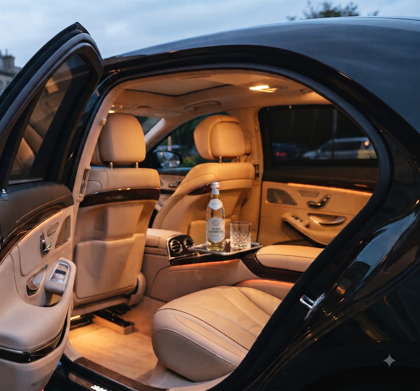 El interior trasero de la berlina, con cuero crema y agua sin gas en la mesa