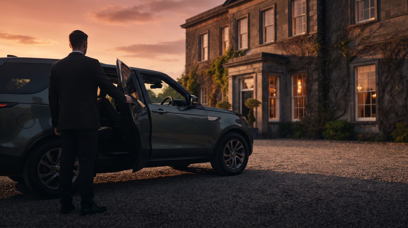 A car waiting at the door of a country estate