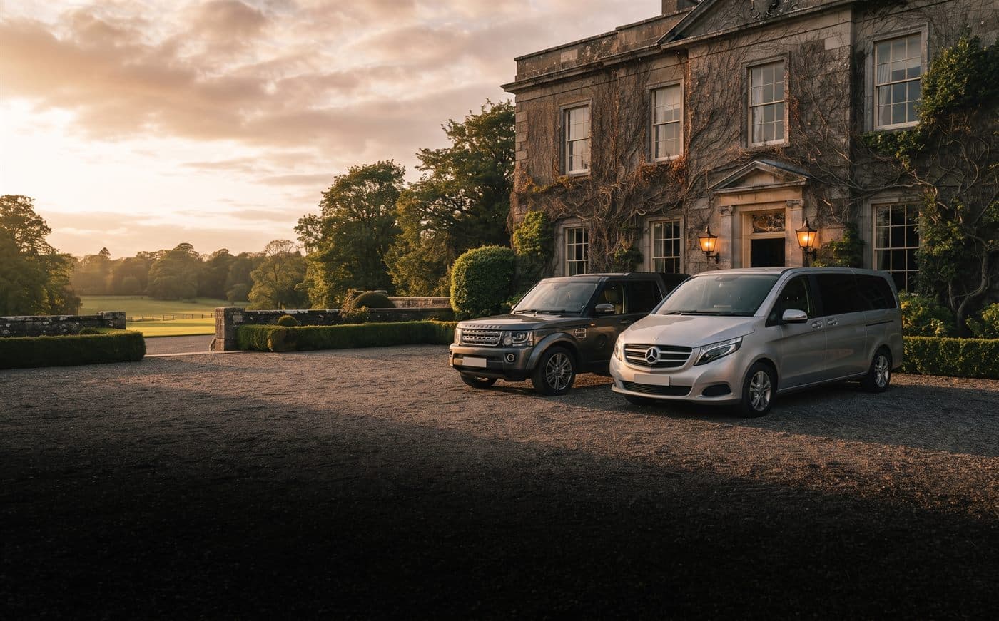 A chauffeur driven car on an Irish road at dusk