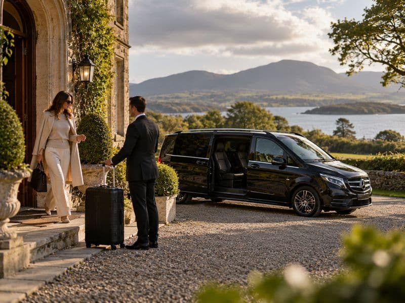 Chauffeur taking a guest’s suitcase outside a country house hotel by a lake