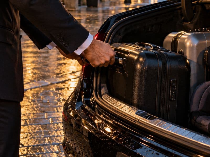 Chauffeur loading suitcases and golf clubs into the boot on a wet street in the evening