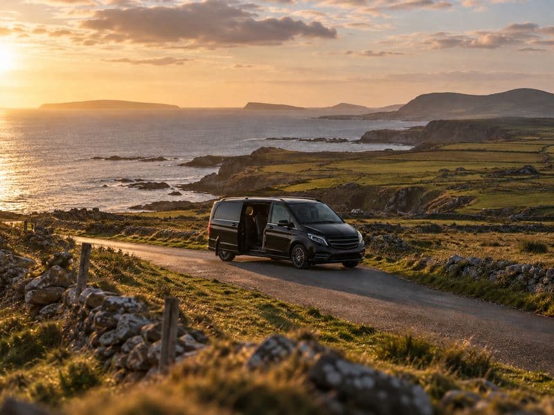 Black people carrier with its door open on a coast road in the west of Ireland at sunset