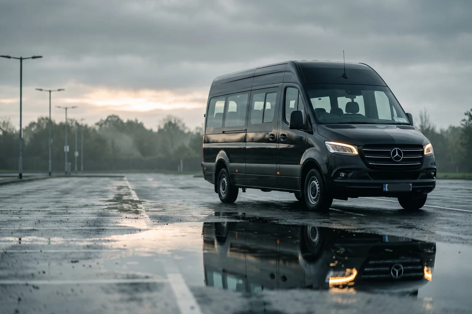 A black minibus on a wet car park at dawn