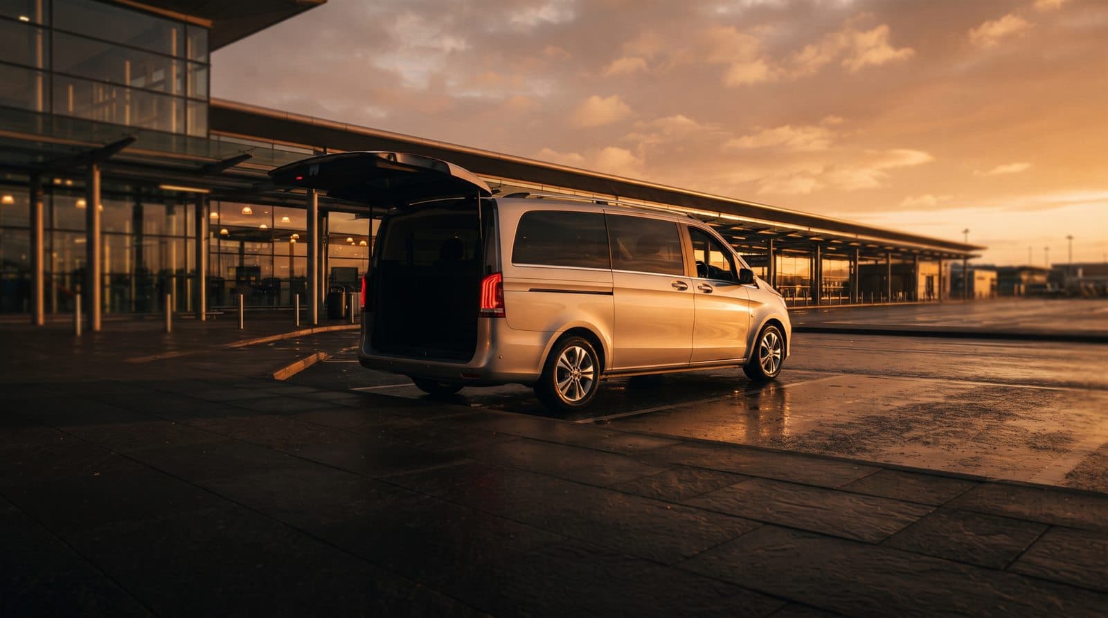 Ein Minivan wartet bei Sonnenuntergang an der Bordsteinkante des Terminals