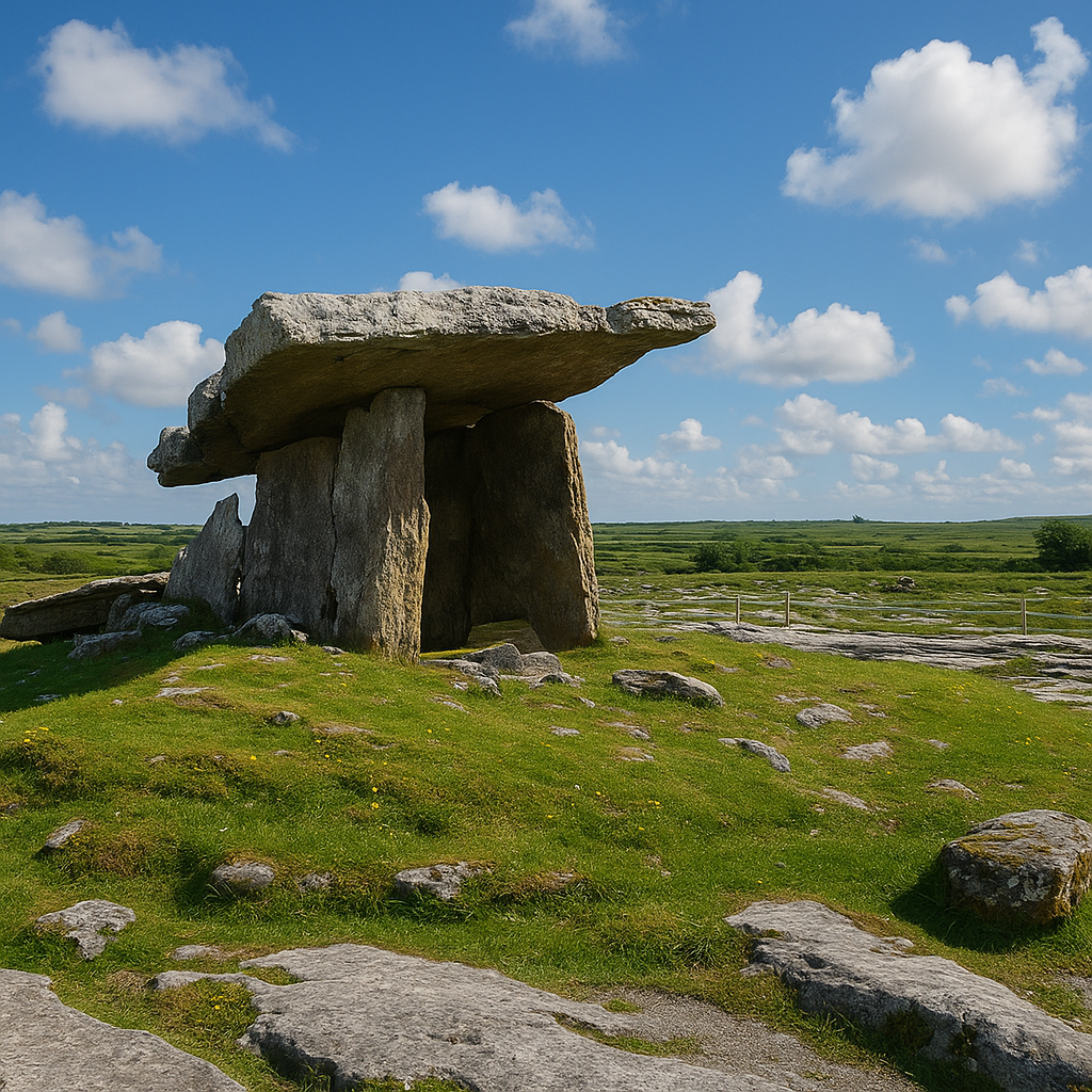 a stone structure in a grassy field with The Burren in the background