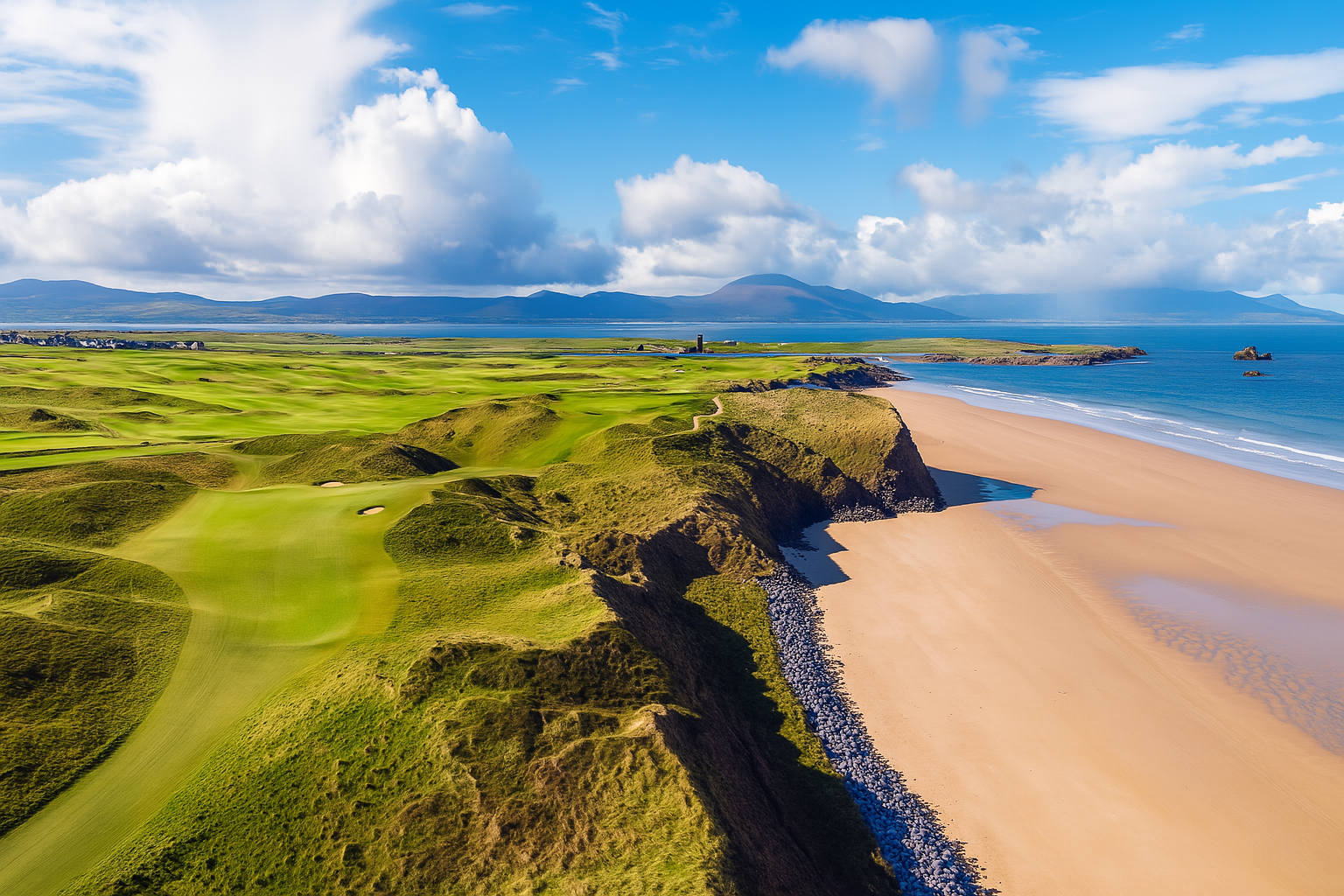 Golf Tours a golf course with a sandy beach and water