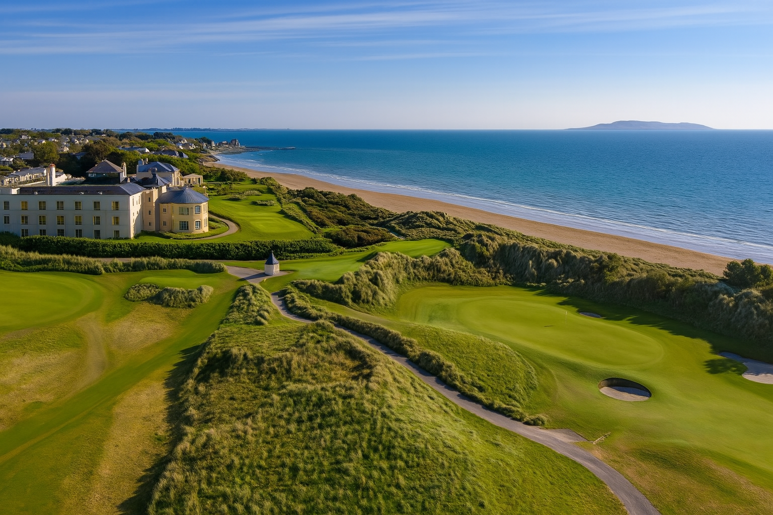 Golf Tours a golf course with a beach and houses