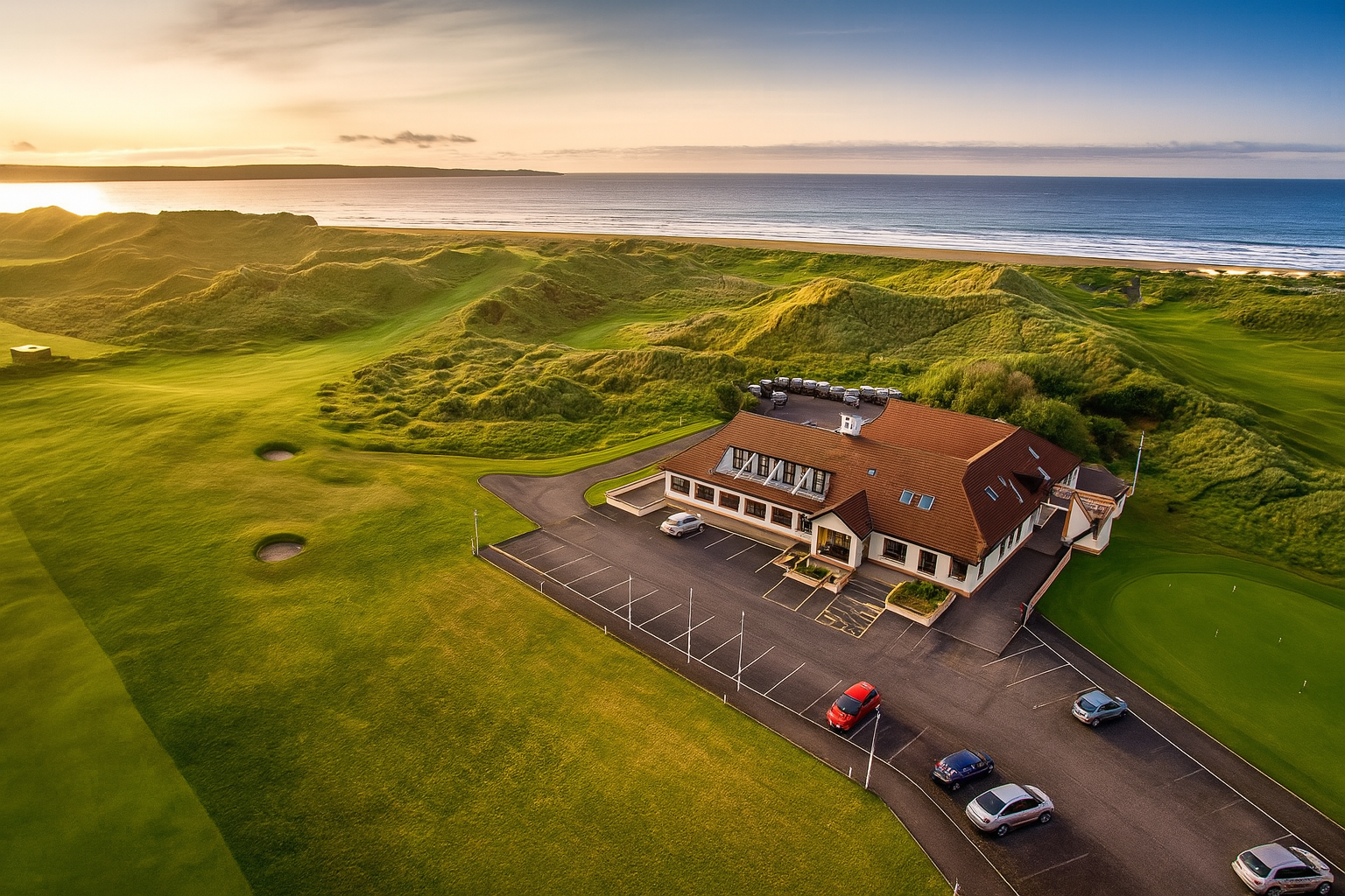 Golf Tours a building with cars parked in front of a golf course